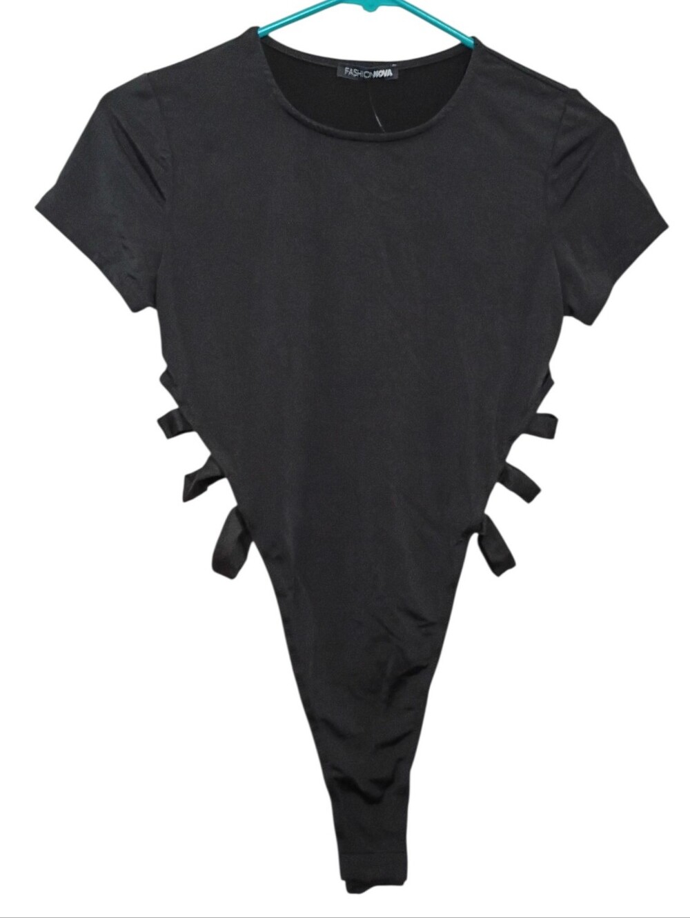 Fashion Nova Black Short Sleeve Tie-Side Crew Neck Bodysuit
